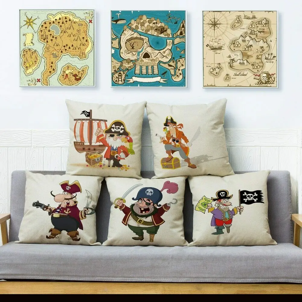 

Cartoon Pirate and Treasure Chest Throw Covers Linen Pillows Cases Sofa Home