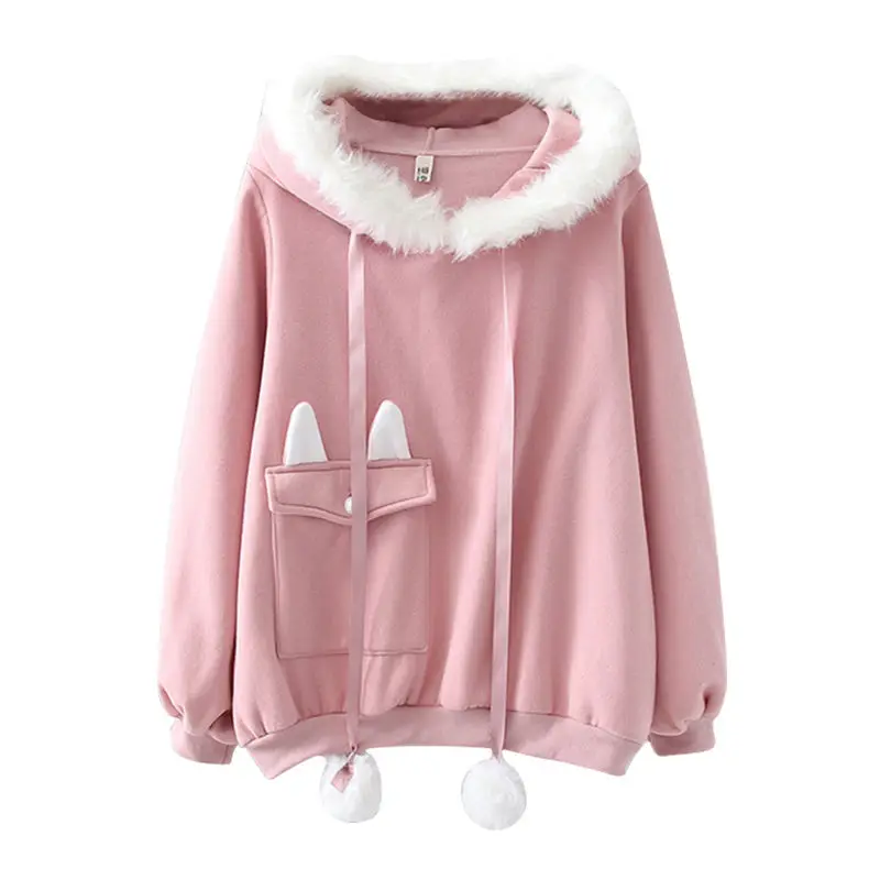 

Oversized Pocket Sweatshirt Women Harajuku Kawaii Clothes Pink Blue Autumn Thick Hoodie Bunny Ears Girl Cute Pullover Preppy Top