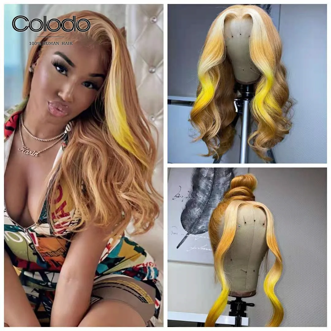 

Brown Yellow Color 13x4 Lace Front Wigs Pre Plucked Brazilian Wavy Human Hair Wig Remy Glueless Highlight Lace Wig for Women