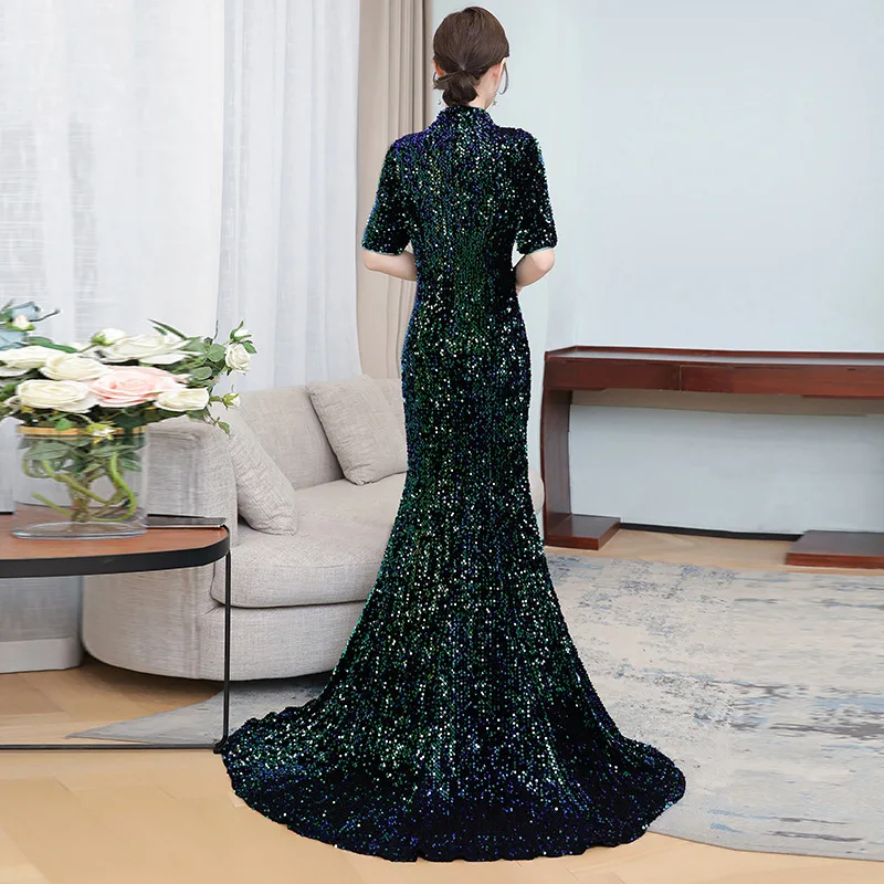 

2020 spring new sequins long modified cheongsam dress female slim sexy large size M-4XL high quality elegant Party vestidos