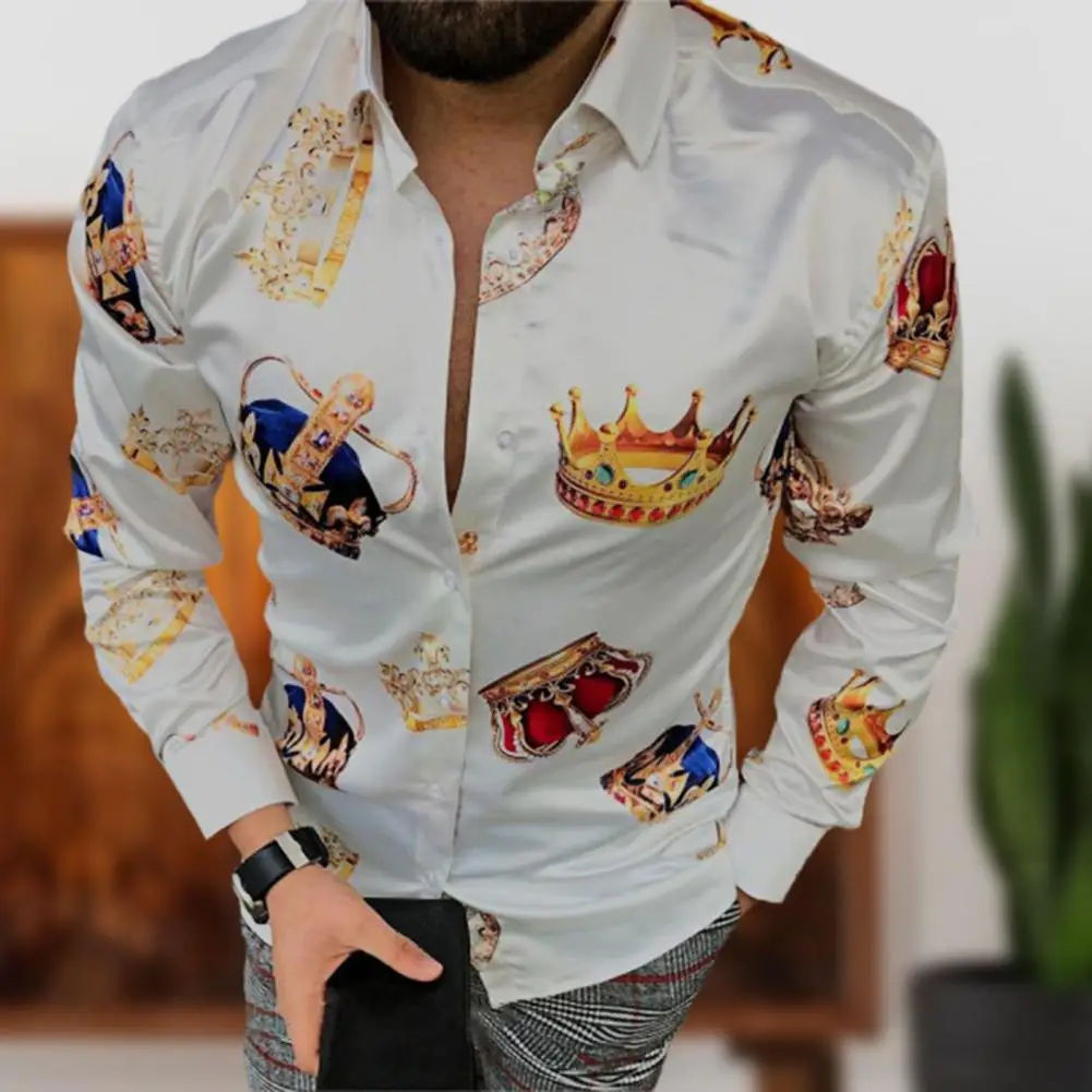 

Luxury Crown Printed Shirts Men 2021 Spring Long Sleeve Slim Casual Dress Shirt Streetwear Social Party Clothes Camisa Masculina