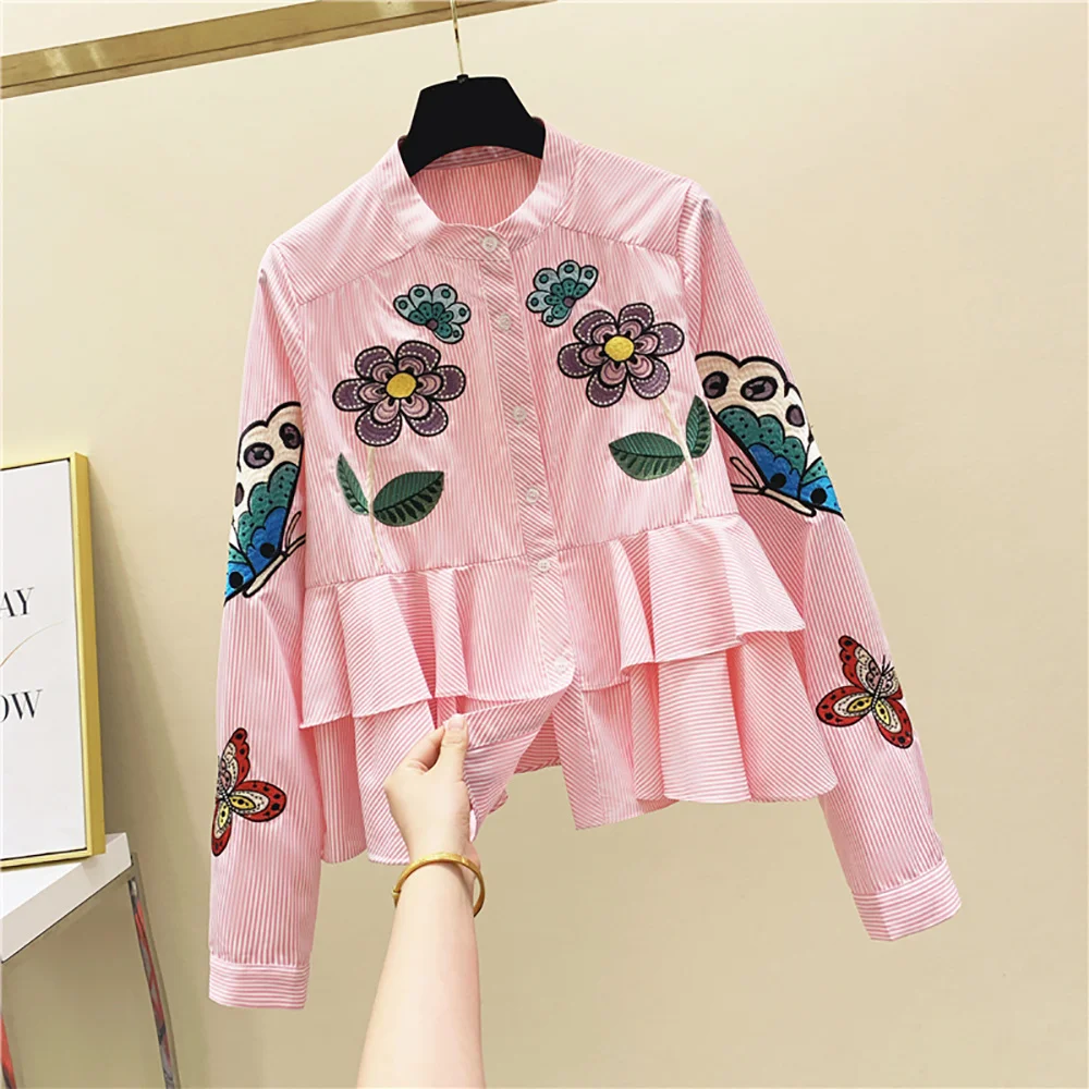 

Vintage Embroidery Flower Butterfly Striped Ruffle Cotton Women Blouses Loose Button Up Long Sleeve Shirts Spring Autumn Tops