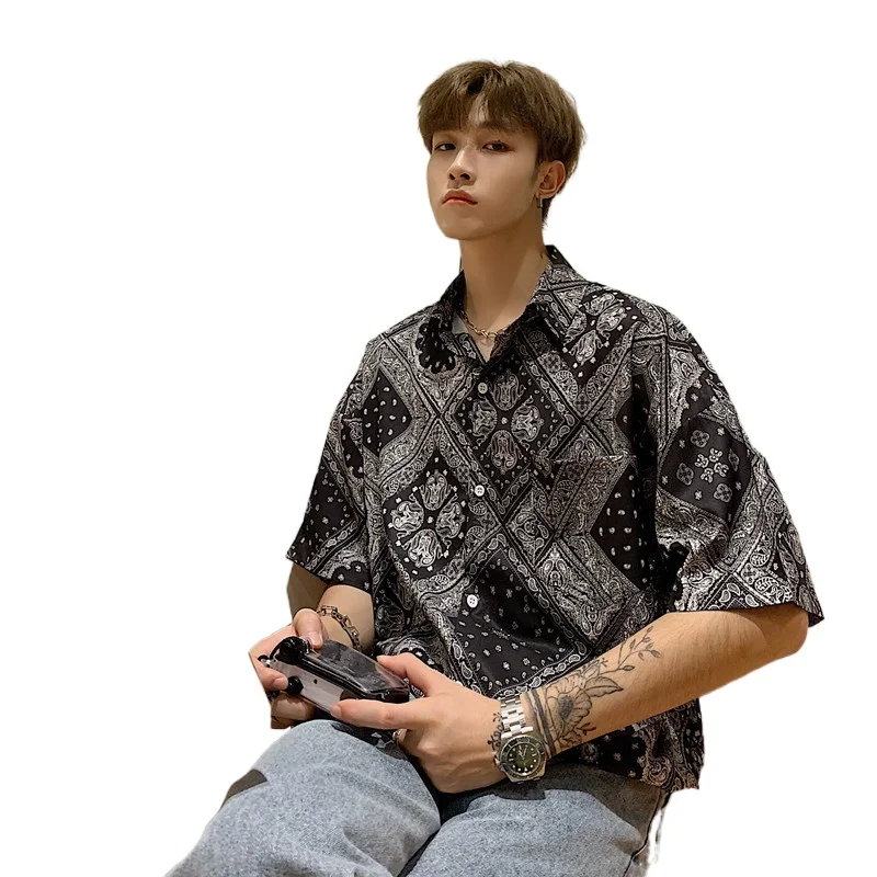 

QIWN New Summer Flower Shirt Loose Ins Hong Kong Style Spring and Summer Men's Short-Sleeved Shirt Korean Style Trendy Top