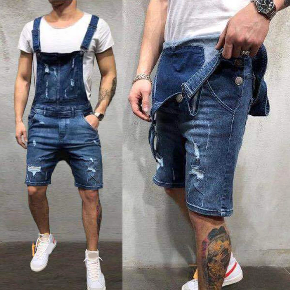 

2021 Mens Overalls Shorts Men's Ripped Jeans Jumpsuits Shorts Summer Street Distressed Denim Bib Overalls Man Suspender Pants