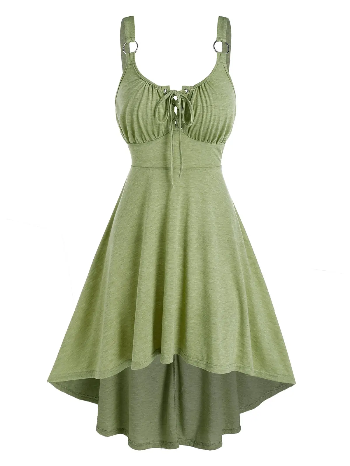 

Lace-up Sleeveless Heathered High Low Dress A Line Midi Casual Corset Style Dip Hem Green Sleeveless Robe