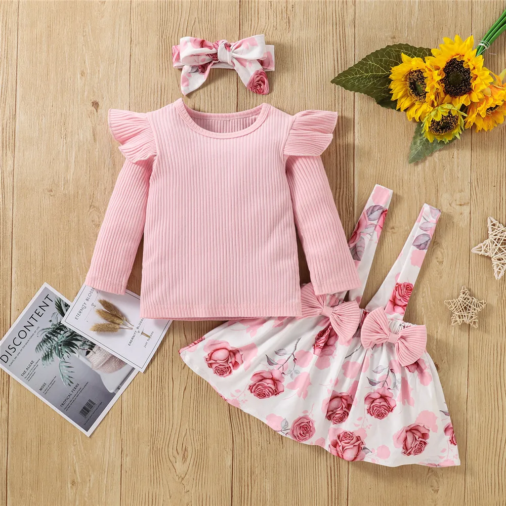 

0-36M Spring Autumn Long Sleeve 3Pcs Baby Girl Suit Pink Knitted Rib Pullover + Flower Print Suspender Skirt + Bowknot Headband