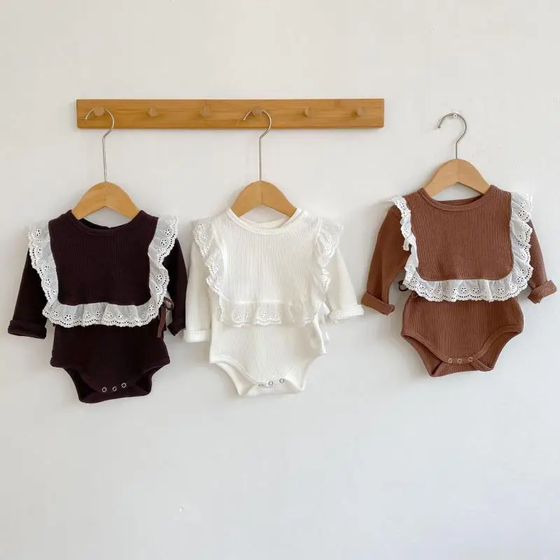 

2021 Autumn New Baby Girl Long Bodysuit With Lace Bib Vest Cotton 2pcs Newborn Clothes Set Toddler Jumpsuit Outfits