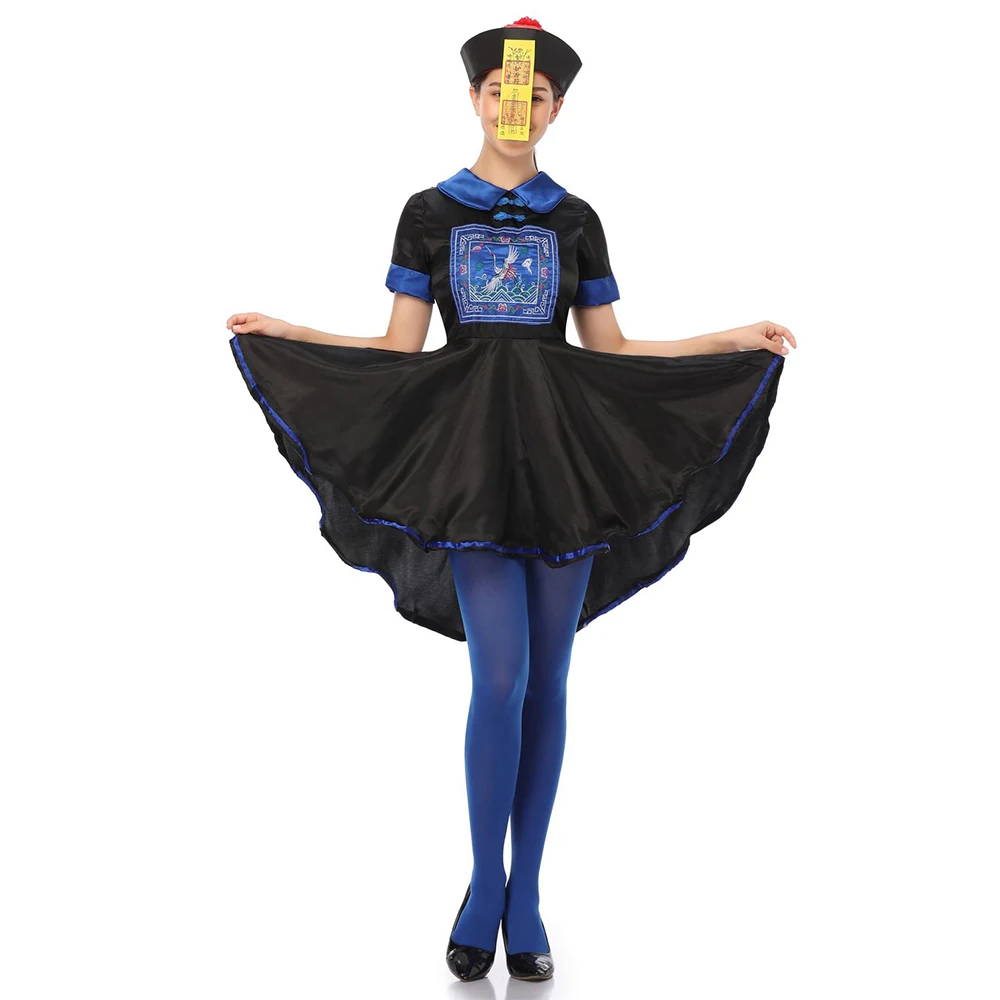 Chinese Zombie Costume Halloween Cosplay Folklore Ghosts Adult Qing Robe Costumed Female Role Plays Black Fancy Dress | Тематическая