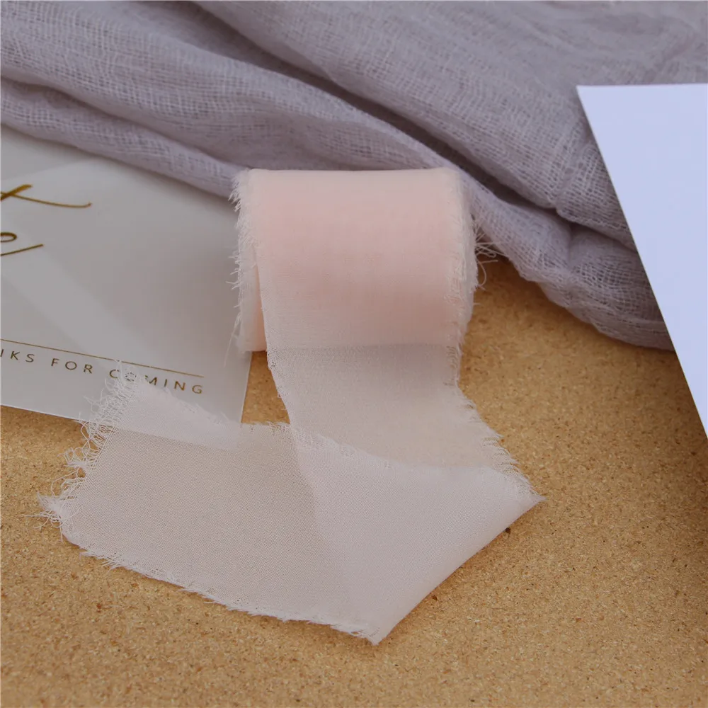Rose Petal 4 см х 5,5 м прозрачная потрепанная обрезная шифоновая шелковая лента свадебные приглашения букеты ручной работы пыльная роза лента с бахромой ремесло Flatlay Prop - Цвет: Rose Petal