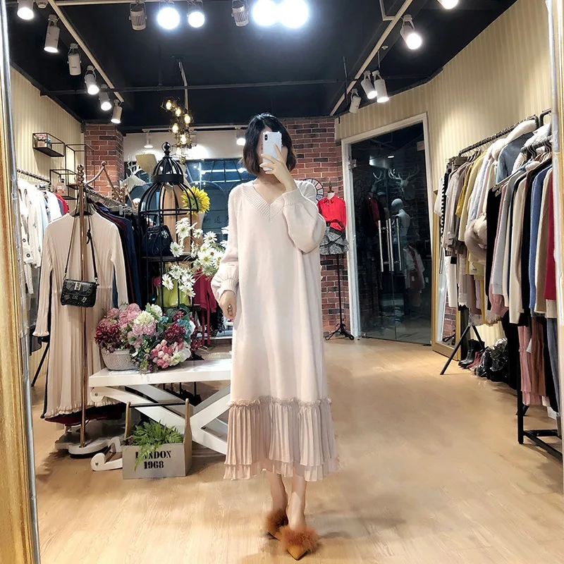 

2020 Autumn and Winter New Large Size Dress Fat MMV Collar Slimming Dress Sweater Hem Chiffon Stitching Long Sweater Women's