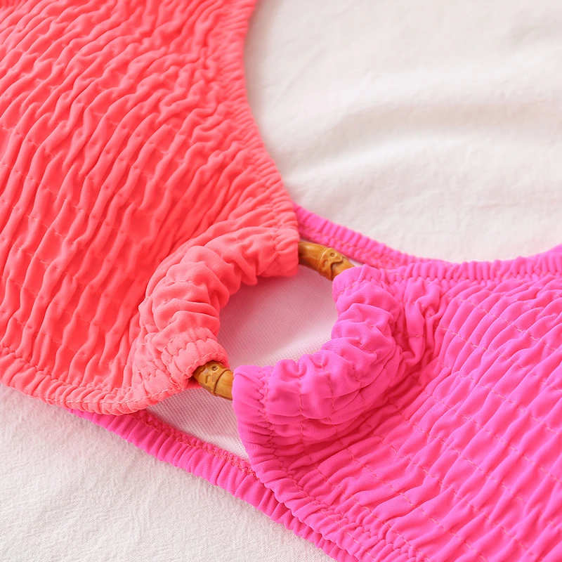 

Rivertrip High Cut Bikinis Sexy Women's Swimwear 2021 Ribbed Swimsuits Push Up Bathing Suits Ring Beachwear Patchwork Biquini