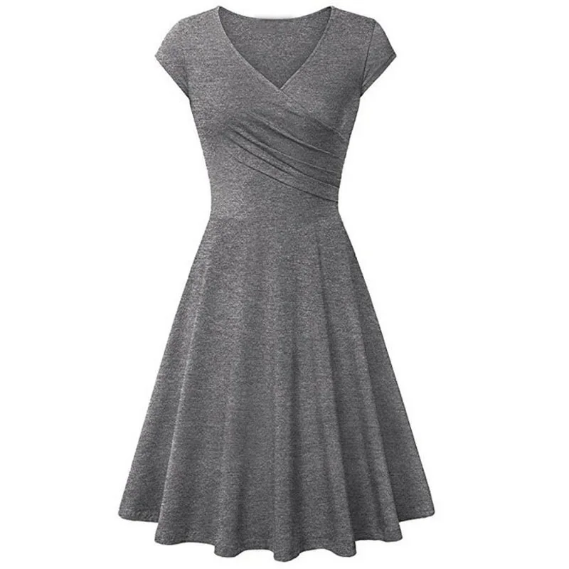 

S-4XL Women's Solid Color Short-sleeved V-neck Pleated Slim Mid-length Dress 2021 New Summer Fashion Casual Short-sleeved Dress