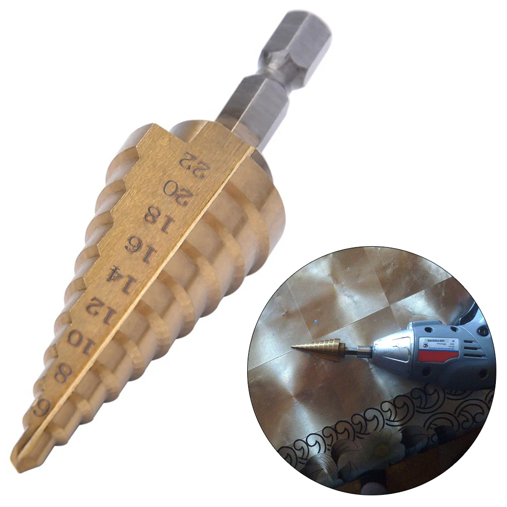 Шестигранное титановое покрытие ступенчатое Коническое Сверло HSS 4 22 мм для
