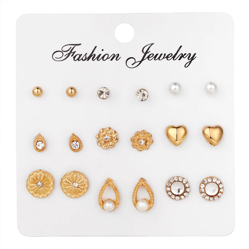 9 пар/компл. серьги-гвоздики набор с карточкой прозрачный циркон имитация жемчуга