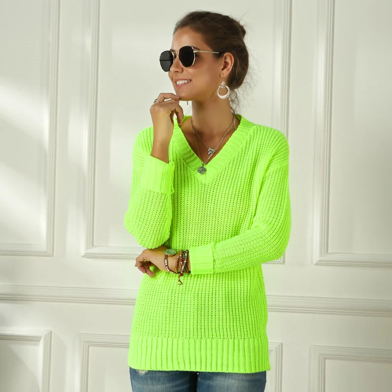 Neon Sweater Women Knitting Green Fuchsia Pink Solid V-Neck Pullovers Long Casual Loose Acrylic Knit Shirts Female Jumper Tops | Женская