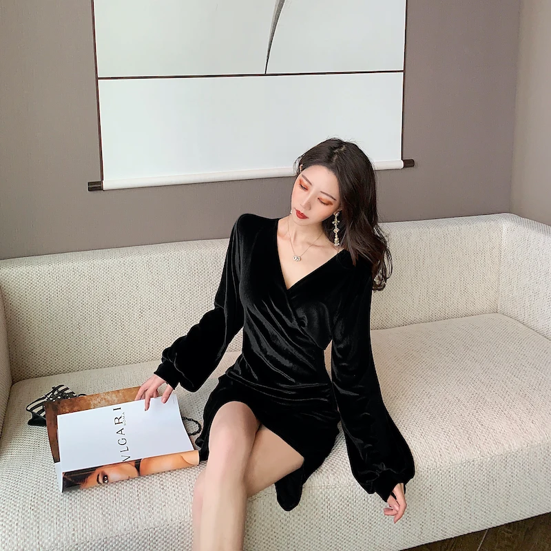 Женское бархатное платье с V-образным вырезом и длинным рукавом | Женская одежда