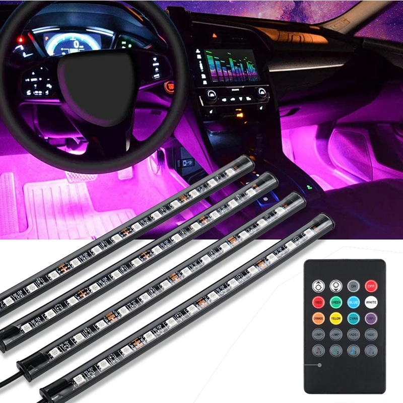 

LED Car Foot Light Ambient Lamp 12V Interior Decorative Wireless Remote Music Control Usb Cigarette Plug Strip Lights