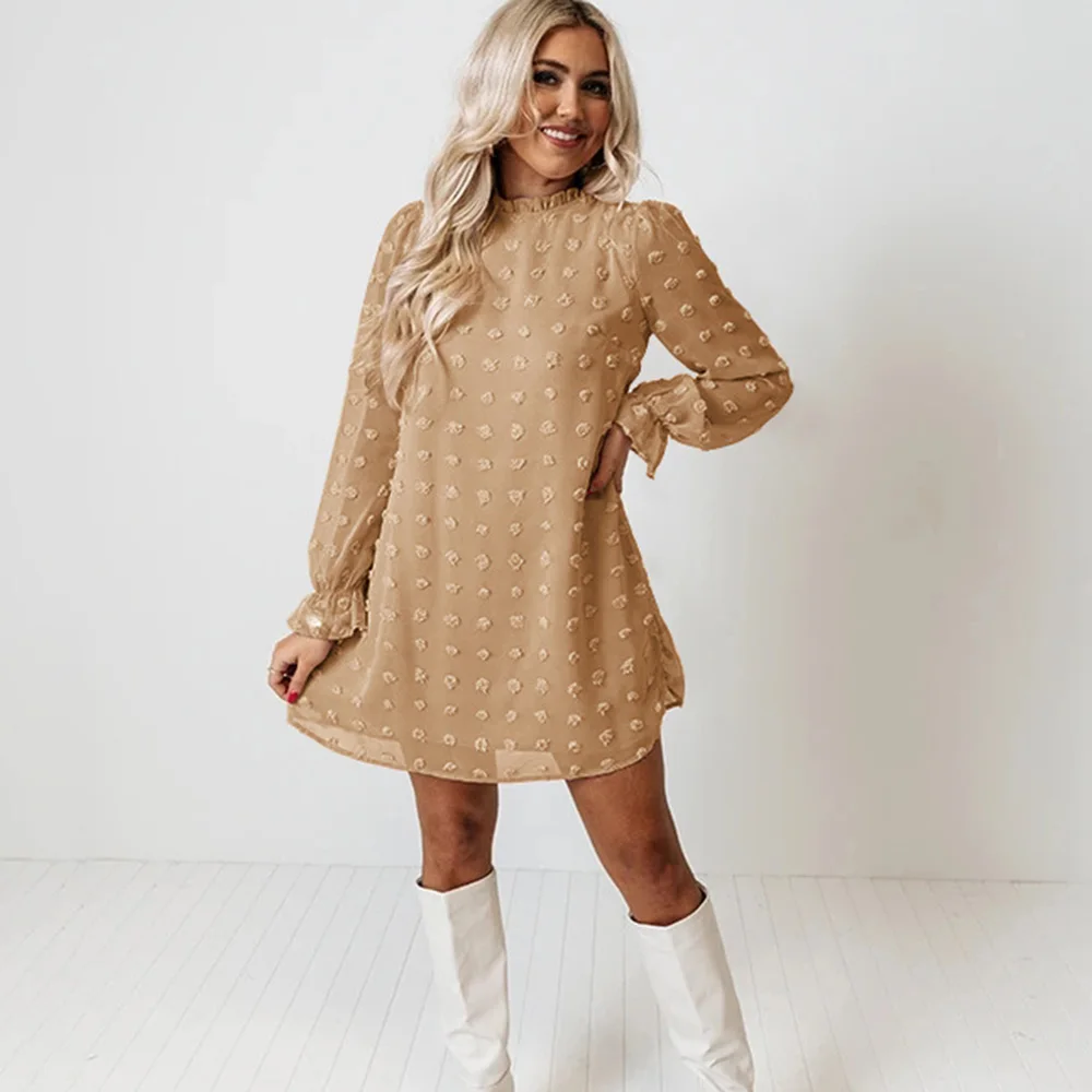 

Women Chiffon A-Line Dress 2021 Autumm Swiss Dot Ruffle Hem Flowy Dress Chic Puff Sleeve O-Neck High Waist Party Dresses Vestido