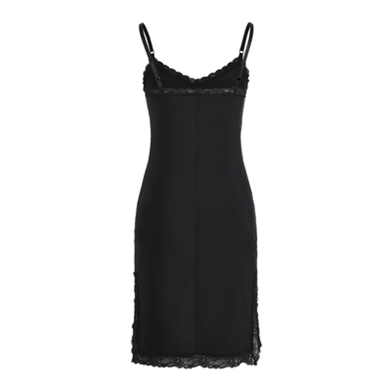 

Black Patchwork Lace Sling Dress For Women V Neck Sleeveless High Waist Sexy Midi Dresses Female New Summer Fashion