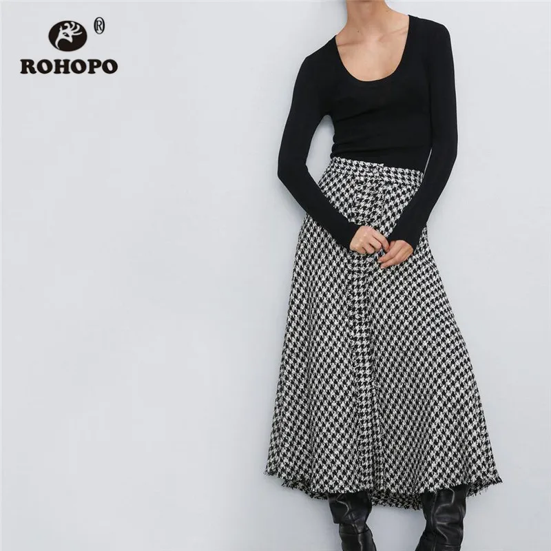 ROHOPO Houndstooth Высокая талия твидовая Расклешенная юбка миди британская Academy Slip Hem Женская Осенняя Falda Buttoms#2331
