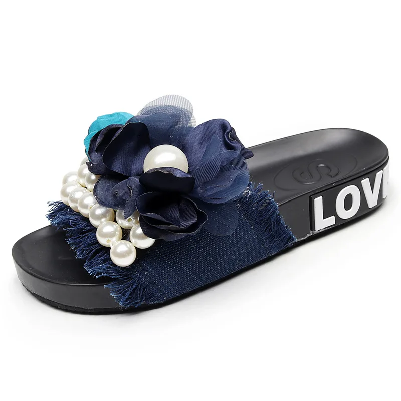 

Slippers Casual Flat Shoes Female Slides String Bead Platform Slipers Women Flower Luxury Denim 2021 Summer PVC Floral Scandals