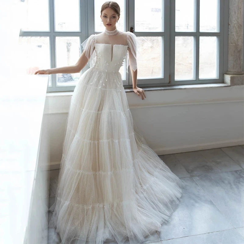 ChuYu 2021 High Neck Glitter Elegant  Applique Flare Sleeve Soft Tulle Long A-line Wedding Dress Princess Backless New Arrival
