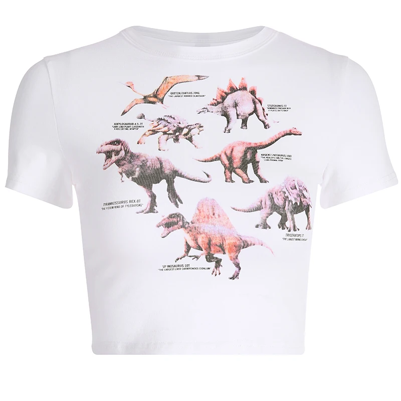 

Short Sleeve Casual Women T-shirt Dinosaur Printed Cute Crop Top T Shirt Streetwear Basic Tshirts Cotton Women Summer