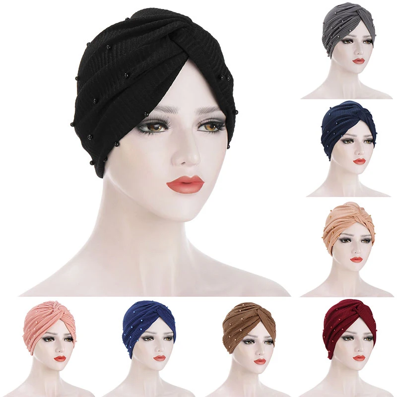 

New Women Soft Beaded Headscarf Cap Women Turban Fashion Banadans Muslim Headwrap Solid Cap Head Wrap Hair Accessories