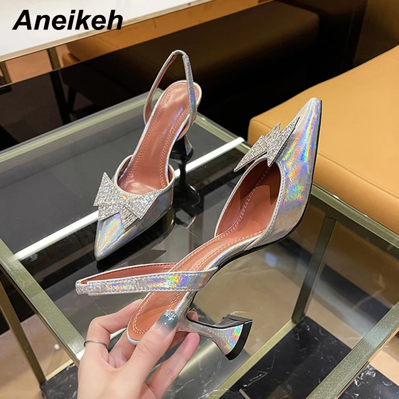 

Aneikeh 2022 Spring Bling Career Women Shoes Fashion Slip-On Office Sexy Pointed Toe Back Strap Pumps Thin Heels Sweet Size34-42