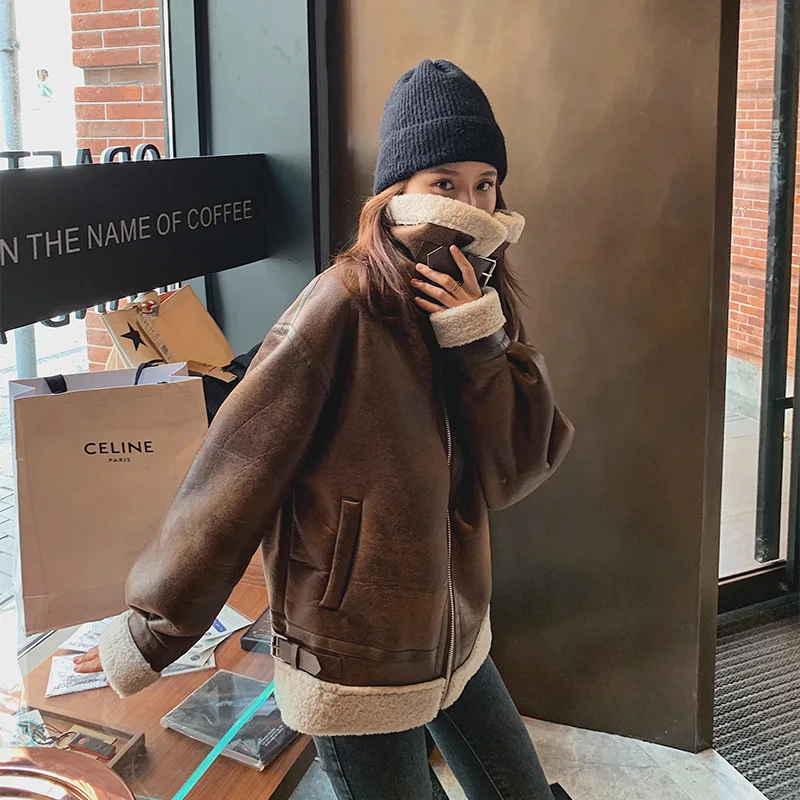 

Fur Long Sleeved Loose Belt Warm Women's Jacket Chic PU Faux Lamb Wool Winter Thickened Locomotive Lapel Female Coat Brown Black