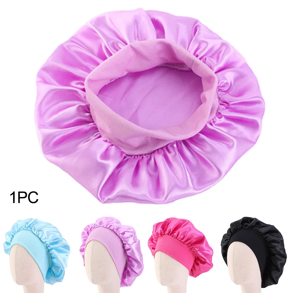 

Sleeping Hat Bath Salon Shower Hair Care Adults Kids Chemotherapy Wide Brimmed Satin Nightcap Elastic Bonnet Soft Solid