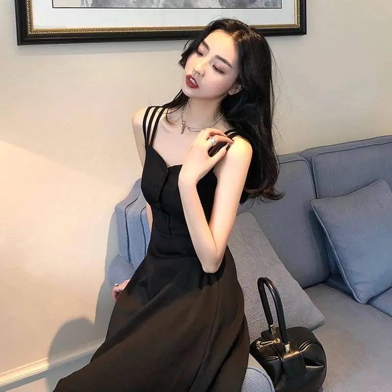

2021 summer new black fashion temperament slim slim dress sexy suspender dress long strapless dress