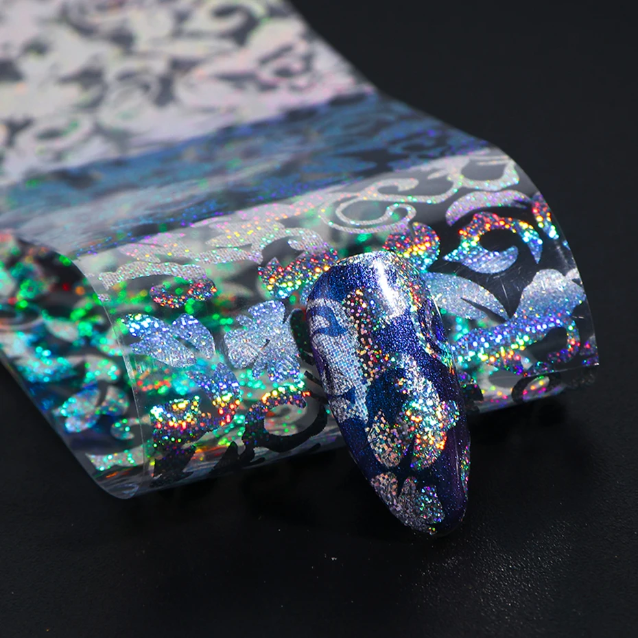 10pc Holographic Foils Nail Transfer Wraps Lace Flower Snowflake Clear Black Adhesive Sticker Set Nail Foil Gradient Tips CH1040