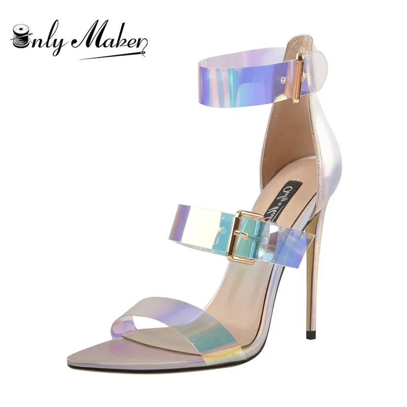 Onlymaker/женские летние босоножки с острым носком и голографическим ремешком на
