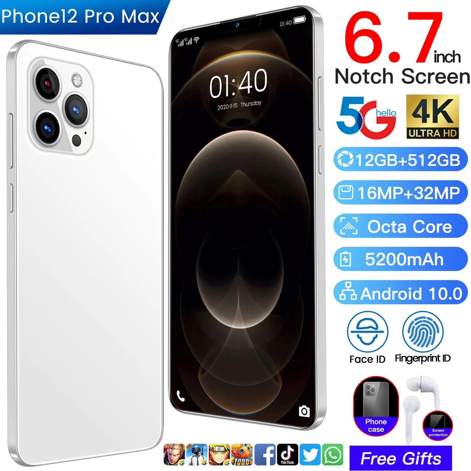 

New Smartphone Phone12 Pro Max Global Version 12GB 512GB 6.7 Inch Notch Screen MT6875 16MP 32MP Camera Face ID 5G Android10