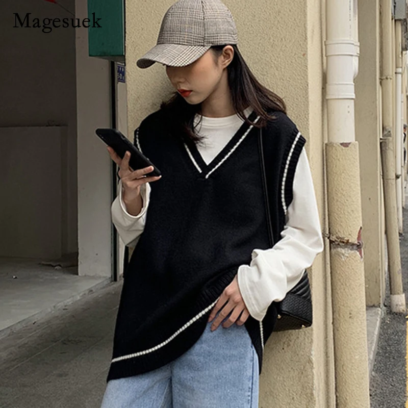 

Women Knitted Vest Sweater Patchwork Korean V-neck Pullover Sweater Vest Leisure Student Sleeveless Female Vintage Vest 17501