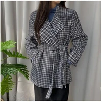 thousand bird lattice suit coat with belt woolen coat loose womens blazer and jackets cashmere casacos feminino