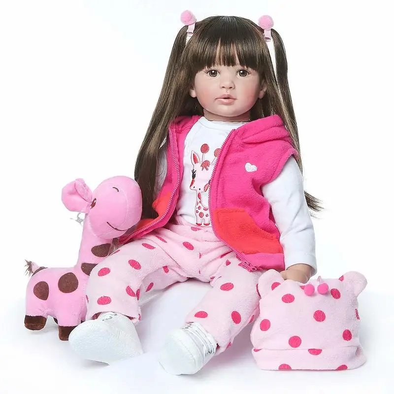 

Reborn Toddler Girl 24 Inch Lifelike Reborn Doll Toddlers Long Brown Hair Vinyl Silicone Doll Toy Outfit Gift Set Fashion Doll