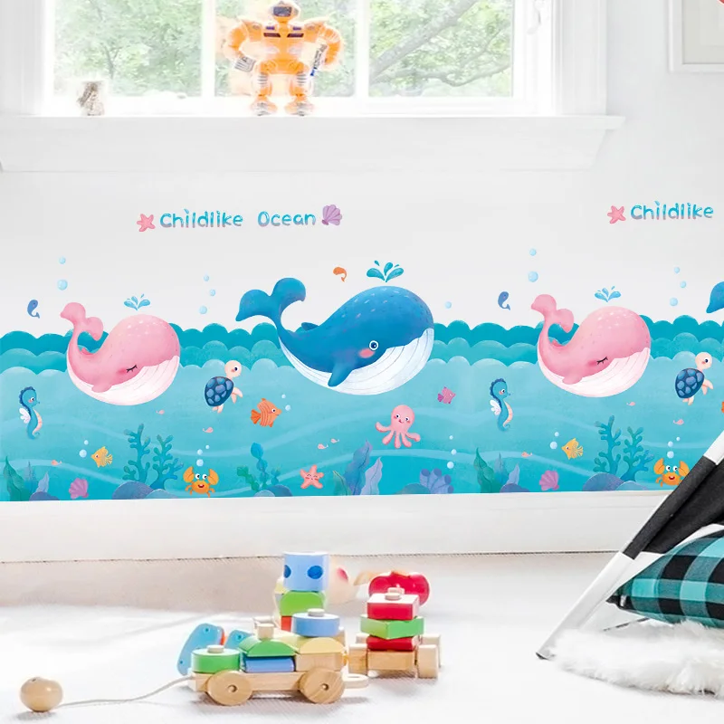 Cartoon Ocean PVC Wall Stickers for Kids rooms Bathroom Nursery Decor Waterproof Vinyl Baseboard Decals Art Home Decoration | Дом и сад