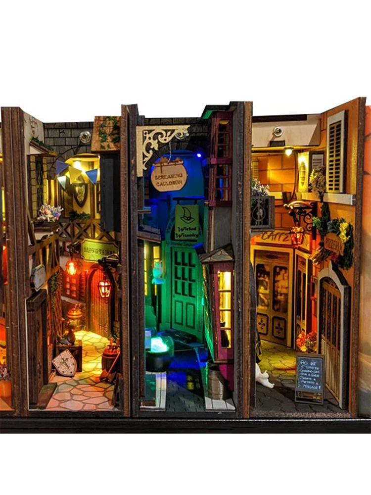 

Wooden Book Nook Insert Decor Bookend Model Building Kit with LED Light Bookshelf Desk Decoration Antique Home Decor Accessories