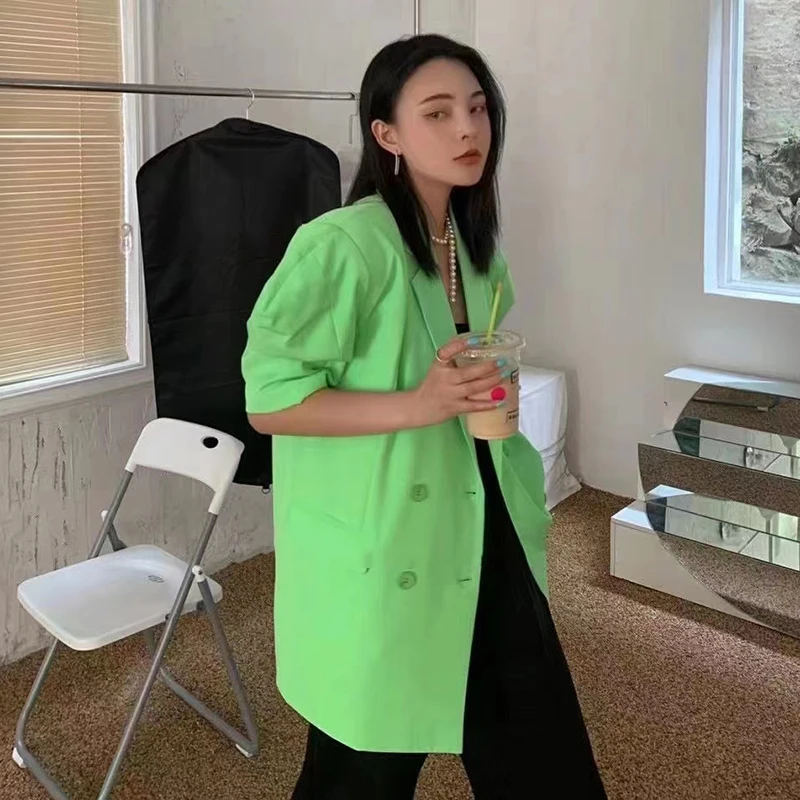 

GALCAUR Solid Coat For Women V Neck Puff Short Sleeve Pockets Slim Minimalist Designer Blazers Female Fashion Clothing 2021 Tide