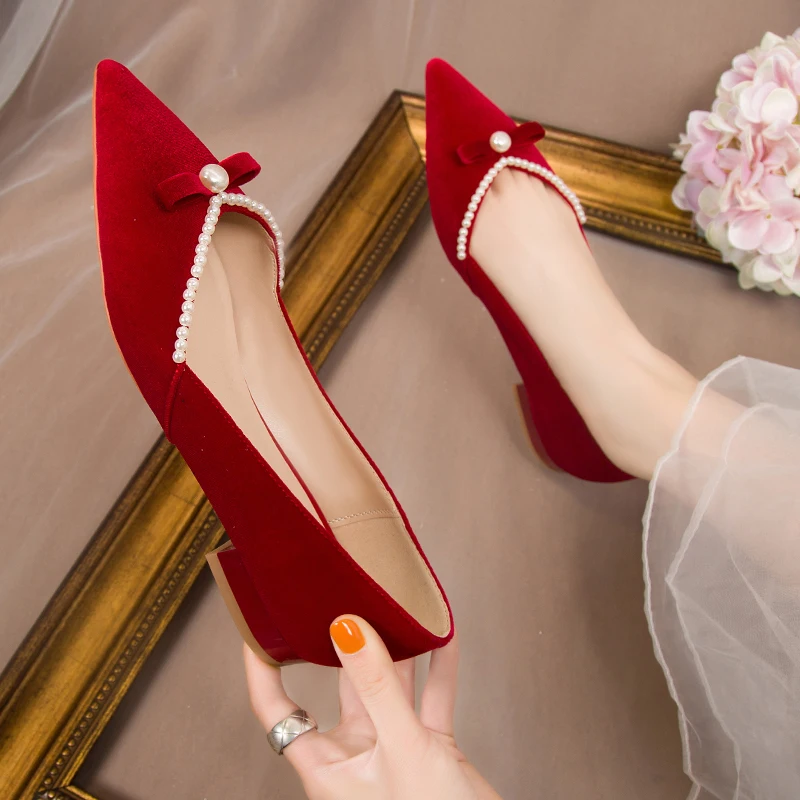 

2021 осень Женские туфли-лодочки жемчугом на высоком каблуке; Женская обувь без застежки; Женские балетки на плоской подошве, с острым носком, ...