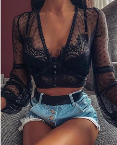 Блузка женская прозрачная, укороченный топ с сетчатый колокол рукавом, повседневная Пляжная накидка, рубашка в горошек, 2020