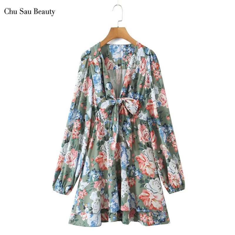 

Chu Sau Beauty 2021 Women's Autumn Print Waist Slimming Dress Fashionable V-Neck Long-Sleeved Puffy Skirt Mini Skirt With Bow