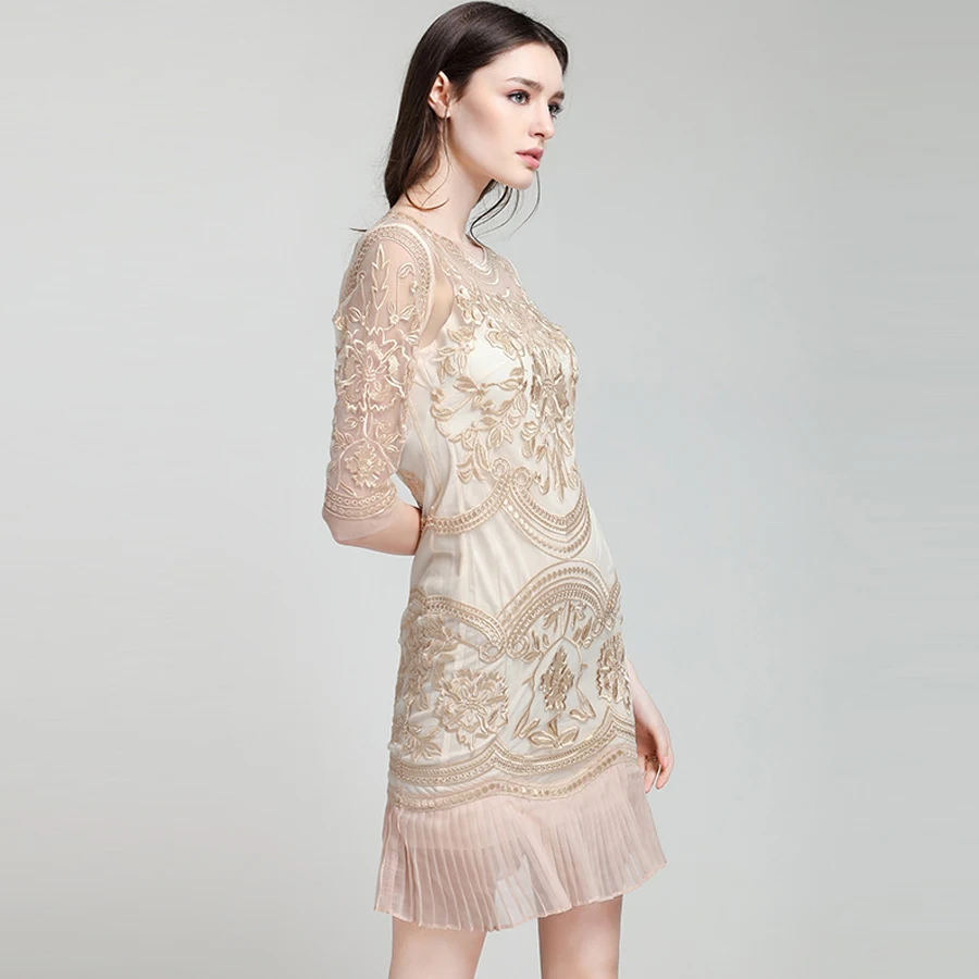 

2021 Luxury Embroidery Summer Runway High Quality Flower See-Through Mesh Pleated Patchwork Elegant Dress XXL