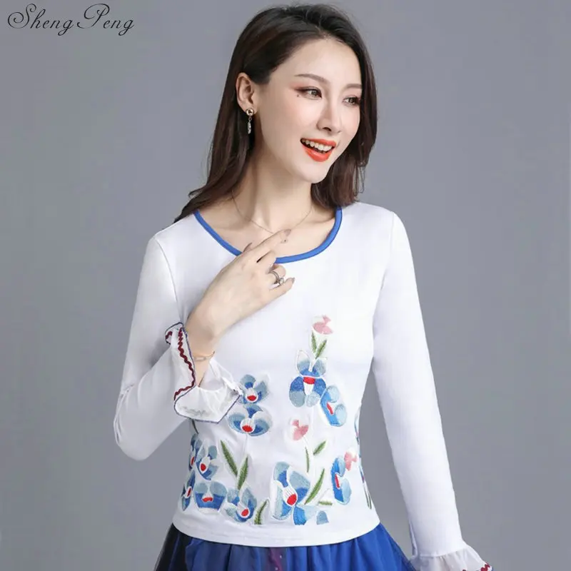 Весна Осень женская футболка Вышивка 2019 Blusas длинный рукав 5XL плюс Размер