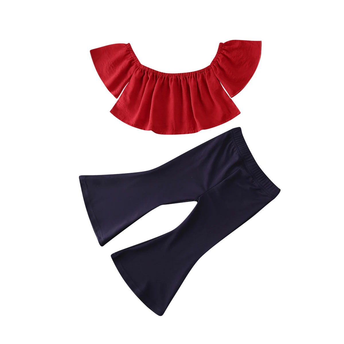 Детские комплекты одежды для маленьких девочек топы с коротким рукавом и открытыми плечами оборками +