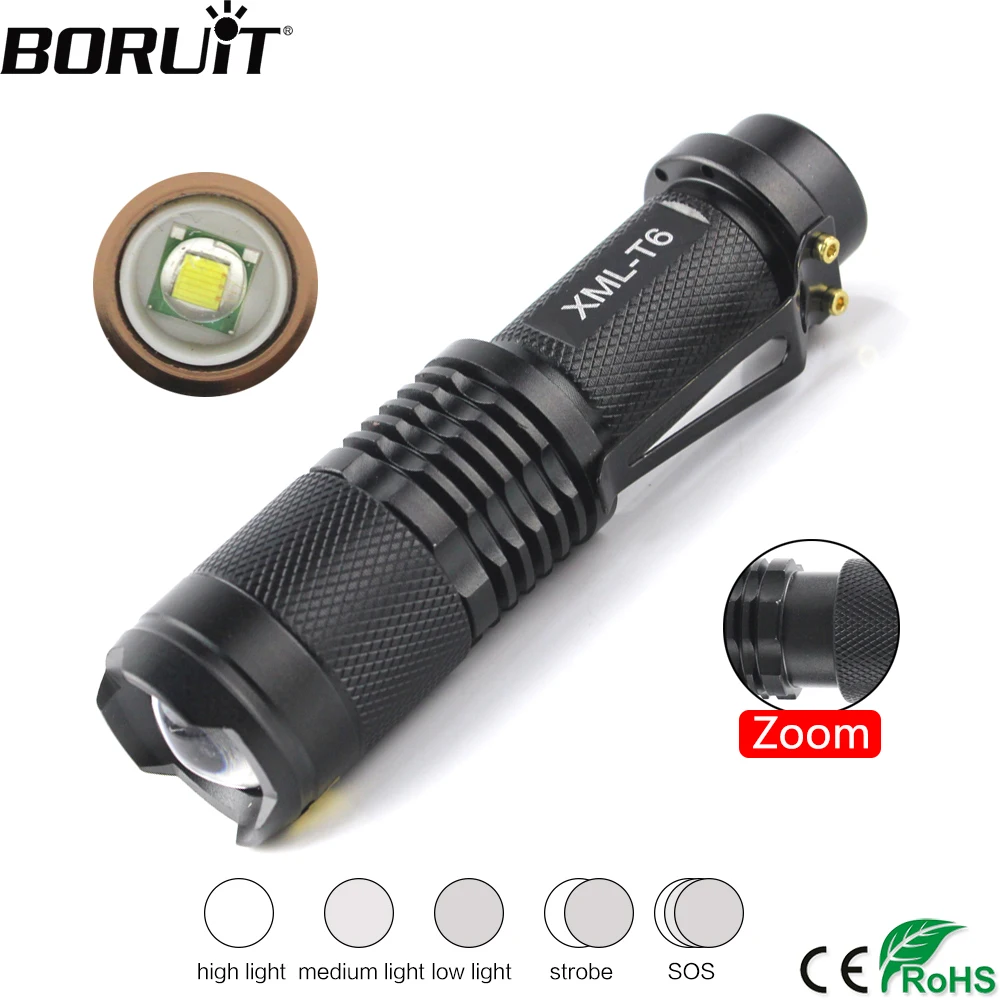 

BORUiT 602 LED Mini Flashlight High Power XM-L T6 1000lm Torch 5-Mode Zoom 18650 Lantern Waterproof Cycling Bicycle Light