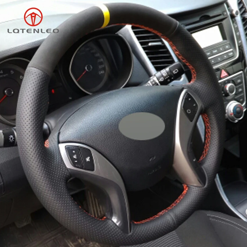

LQTENLEO Black Genuine Leather Suede Hand-stitched Car Steering Wheel Cover for Hyundai Elantra 2011-2016 Avante i30 2012-2016