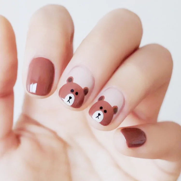 New 24pieces Brown Bear Cute 3D Acrylic Classical Plastic Art Short Fake false Sticker Nail Tips Free Glue Gel [N311]